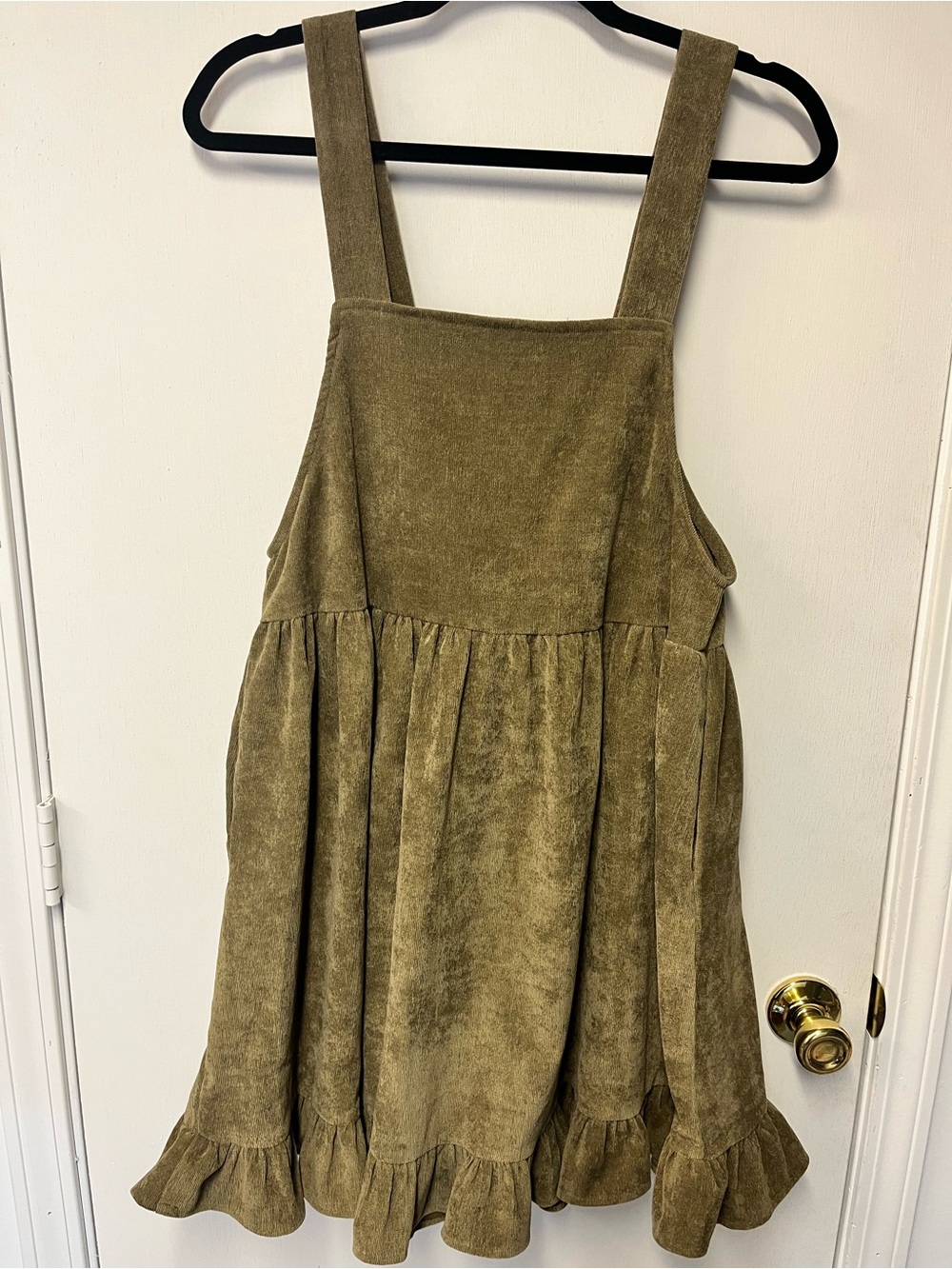 Listicle Olive Green Corduroy Pinafore Overall Dress Size Small Ruffle Hem - Picture 4 of 6